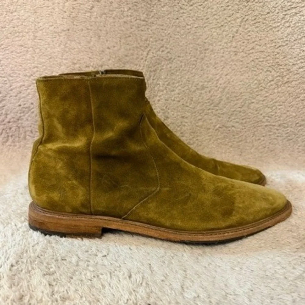 Frye Paul Inside Zip Olive Brown Suede Chukka Boots Stacked Wooden Heel Mens 13D